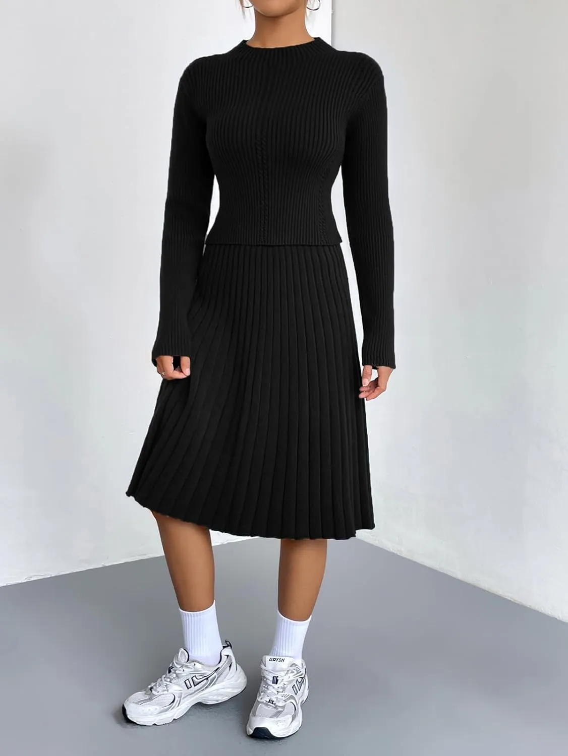 chouyatou Women's 2 Piece Outfits Long Sleeve Sweater Crop Top and Elastic Waist A-line Pleated Midi Skirt Sets