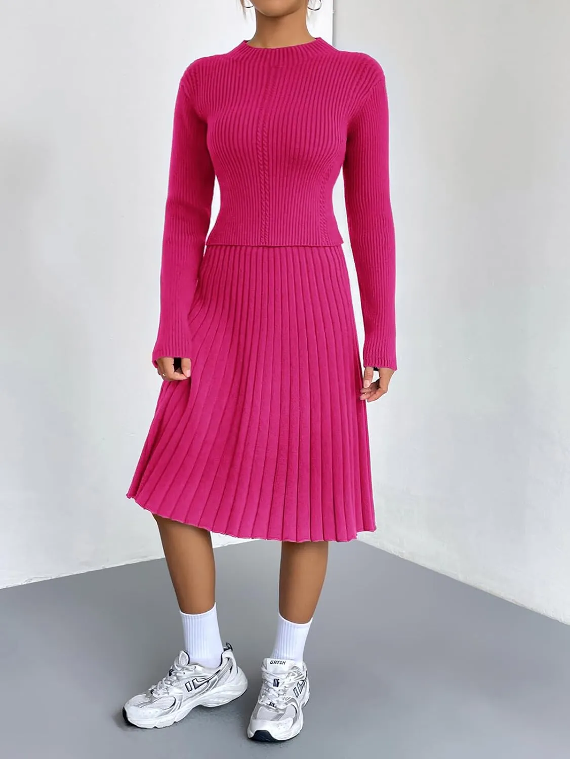 chouyatou Women's 2 Piece Outfits Long Sleeve Sweater Crop Top and Elastic Waist A-line Pleated Midi Skirt Sets