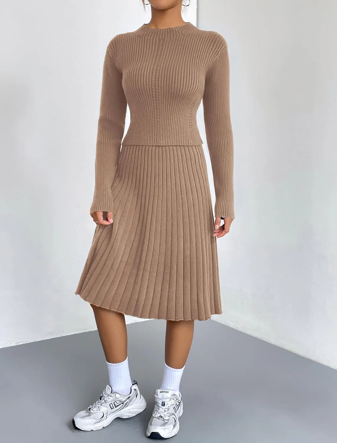 chouyatou Women's 2 Piece Outfits Long Sleeve Sweater Crop Top and Elastic Waist A-line Pleated Midi Skirt Sets