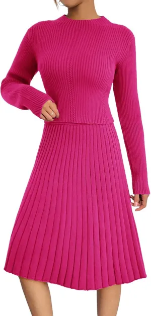 chouyatou Women's 2 Piece Outfits Long Sleeve Sweater Crop Top and Elastic Waist A-line Pleated Midi Skirt Sets