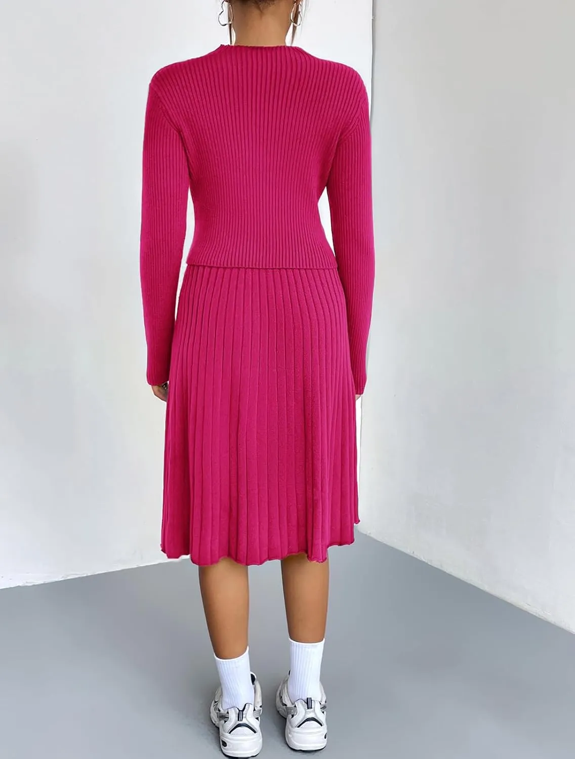 chouyatou Women's 2 Piece Outfits Long Sleeve Sweater Crop Top and Elastic Waist A-line Pleated Midi Skirt Sets