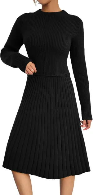 chouyatou Women's 2 Piece Outfits Long Sleeve Sweater Crop Top and Elastic Waist A-line Pleated Midi Skirt Sets