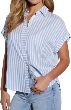 chouyatou Women's Summer Cap Sleeve Striped Button Down Shirt Loose Business Casual Tops Work Blouses