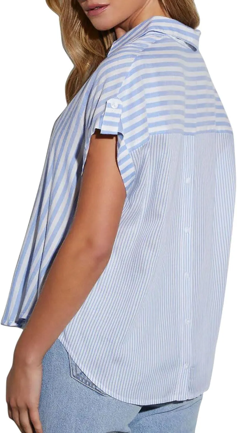 chouyatou Women's Summer Cap Sleeve Striped Button Down Shirt Loose Business Casual Tops Work Blouses