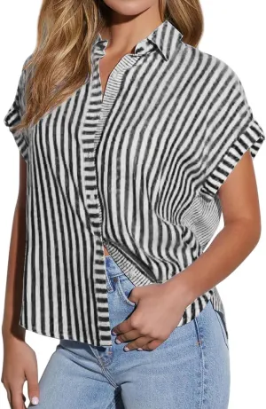 chouyatou Women's Summer Cap Sleeve Striped Button Down Shirt Loose Business Casual Tops Work Blouses