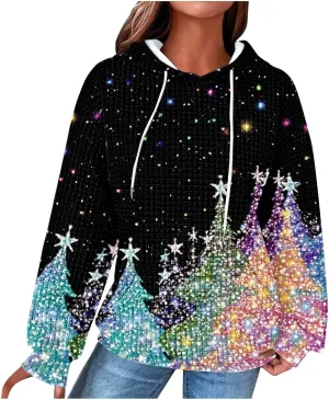 Christmas Hoodies for Women Glitter Xmas Tree Graphic Long Sleeve Sweatshirts Oversized Casual Funny Holiday Pullover
