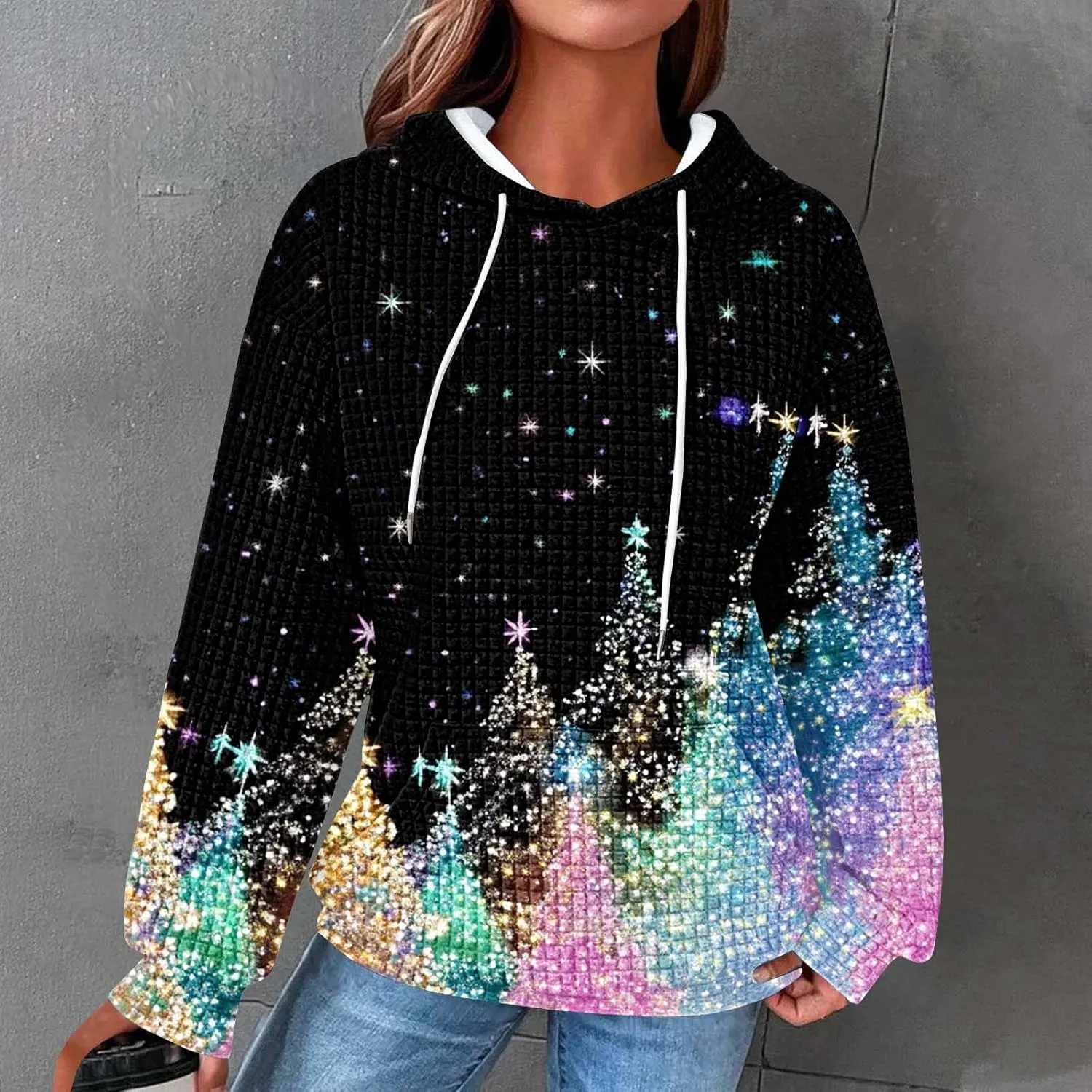 Christmas Hoodies for Women Glitter Xmas Tree Graphic Long Sleeve Sweatshirts Oversized Casual Funny Holiday Pullover