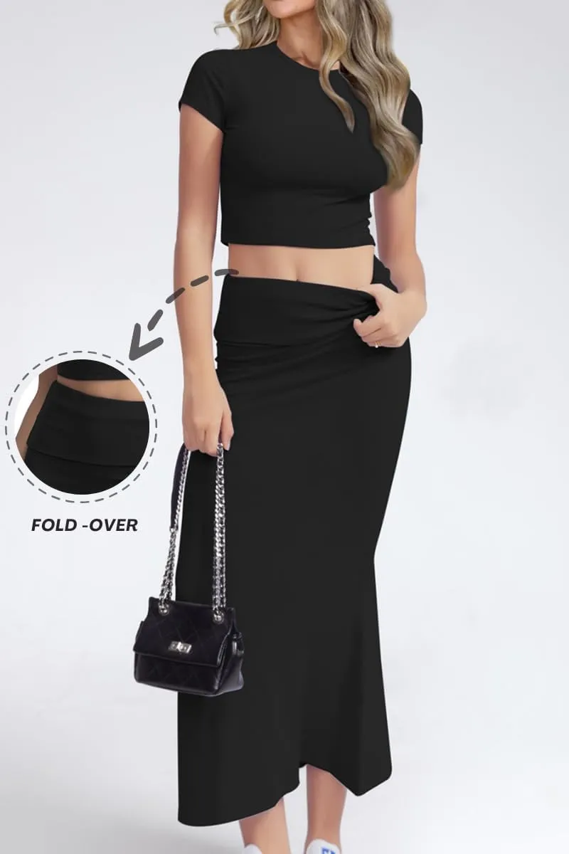 CHYRII Womens Two Piece Sets Short Sleeve Crewneck Cropped Top Bodycon Fold Over Maxi Skirt Maxi Dress Outfits