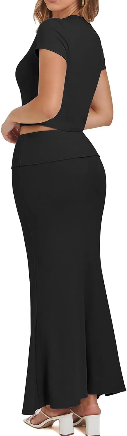 CHYRII Womens Two Piece Sets Short Sleeve Crewneck Cropped Top Bodycon Fold Over Maxi Skirt Maxi Dress Outfits
