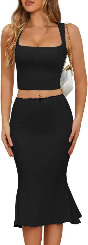 CHYRII Womens Two Piece Sets Short Sleeve Crewneck Cropped Top Bodycon Fold Over Maxi Skirt Maxi Dress Outfits