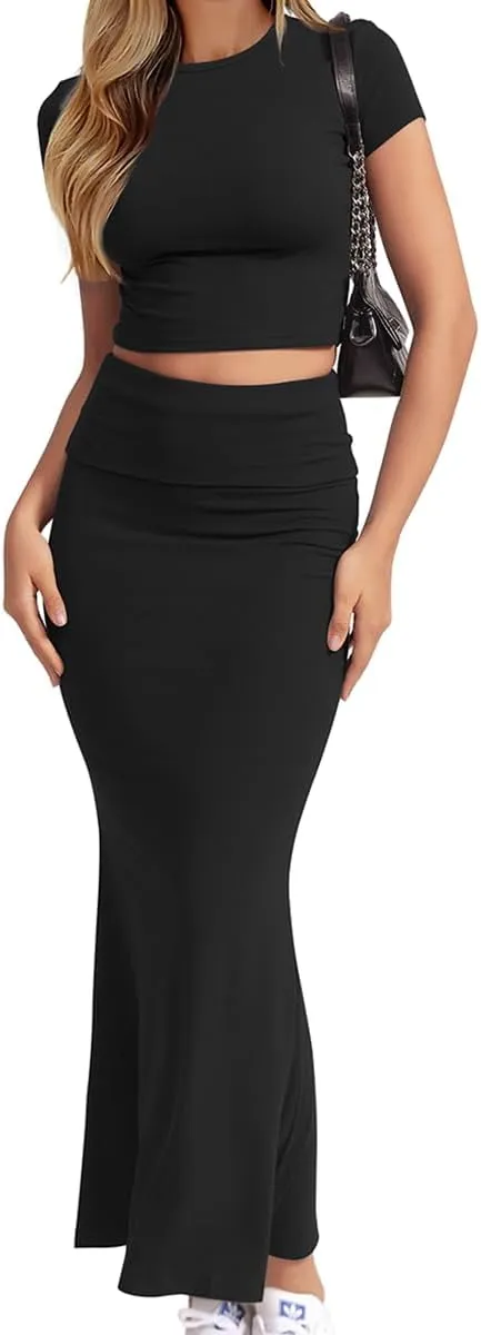 CHYRII Womens Two Piece Sets Short Sleeve Crewneck Cropped Top Bodycon Fold Over Maxi Skirt Maxi Dress Outfits