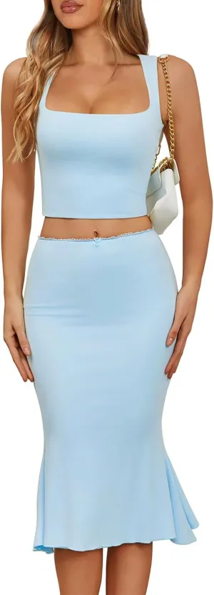 CHYRII Womens Two Piece Sets Short Sleeve Crewneck Cropped Top Bodycon Fold Over Maxi Skirt Maxi Dress Outfits