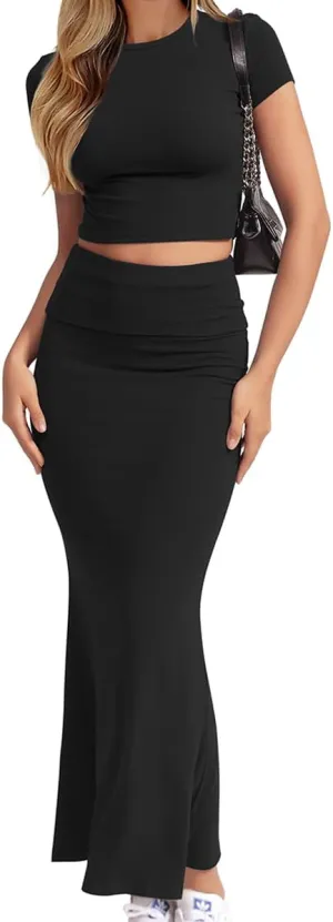 CHYRII Womens Two Piece Sets Short Sleeve Crewneck Cropped Top Bodycon Fold Over Maxi Skirt Maxi Dress Outfits