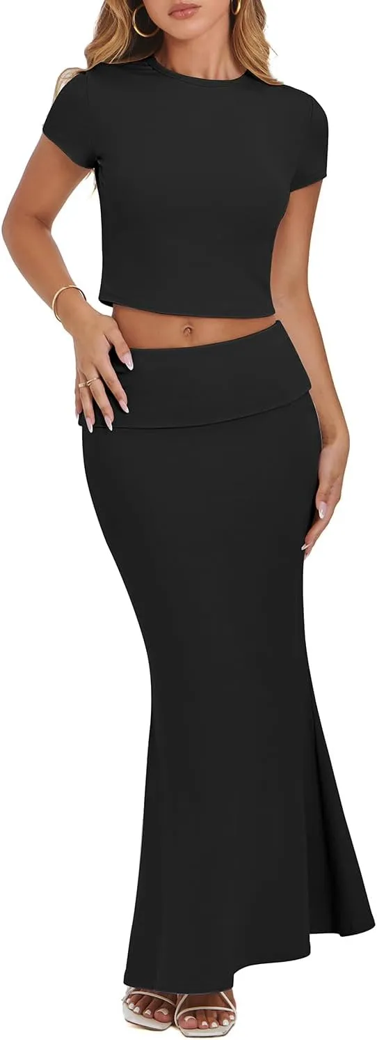 CHYRII Womens Two Piece Sets Short Sleeve Crewneck Cropped Top Bodycon Fold Over Maxi Skirt Maxi Dress Outfits