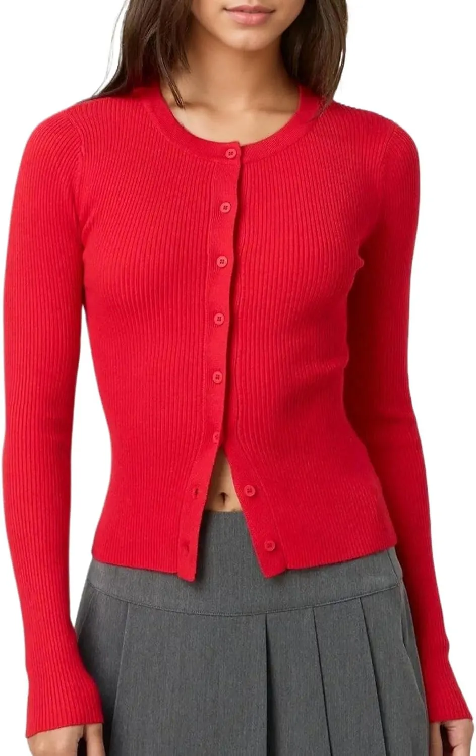 Cioatin Women Long Sleeve Button Up Ribbed Knit Crop Cardigan Y2K Slim Fit Round Neck Sweater Tshirt Fall Going Out Tops
