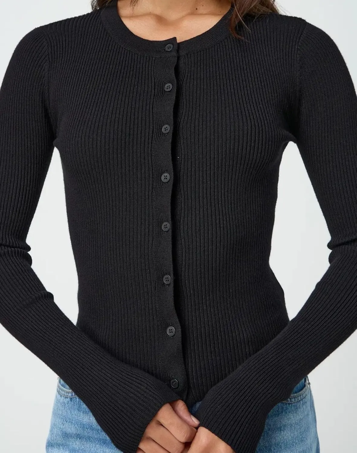 Cioatin Women Long Sleeve Button Up Ribbed Knit Crop Cardigan Y2K Slim Fit Round Neck Sweater Tshirt Fall Going Out Tops