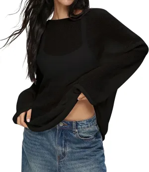 Cioatin Women Oversized Long Sleeve Sheer Mesh Knit Sweater Tops Y2K Summer Loose Hollow Out Pullover Jumper Shirt Beach