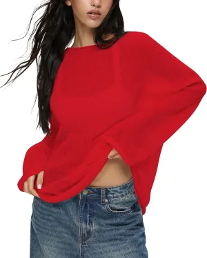 Cioatin Women Oversized Long Sleeve Sheer Mesh Knit Sweater Tops Y2K Summer Loose Hollow Out Pullover Jumper Shirt Beach