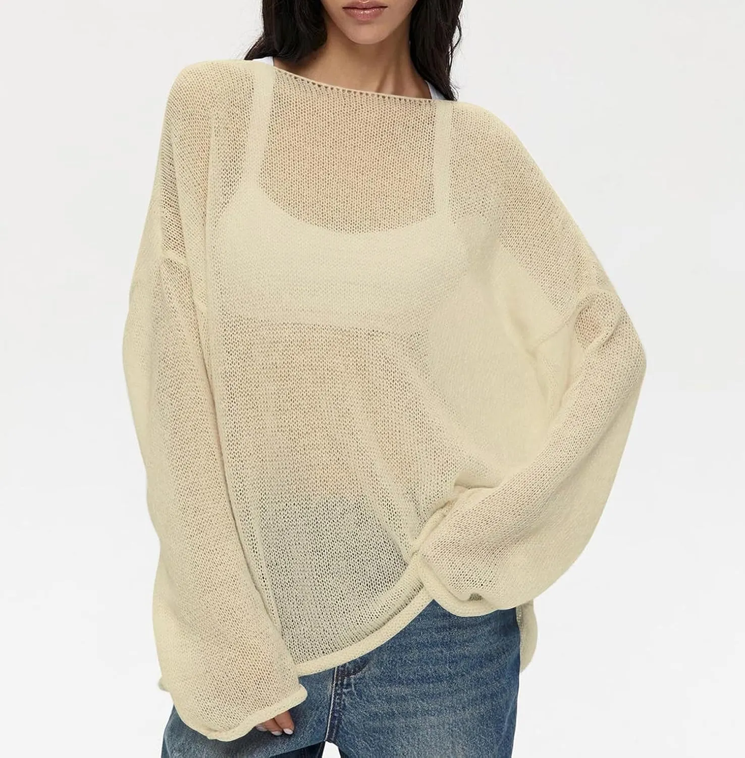 Cioatin Women Oversized Long Sleeve Sheer Mesh Knit Sweater Tops Y2K Summer Loose Hollow Out Pullover Jumper Shirt Beach