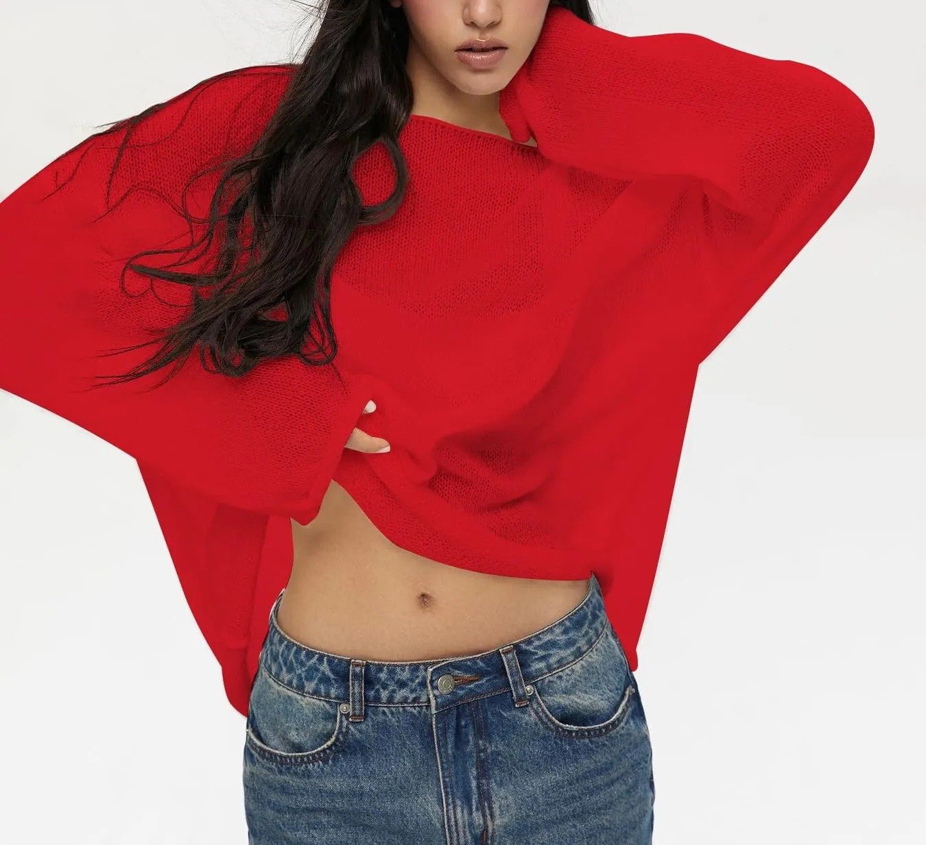 Cioatin Women Oversized Long Sleeve Sheer Mesh Knit Sweater Tops Y2K Summer Loose Hollow Out Pullover Jumper Shirt Beach