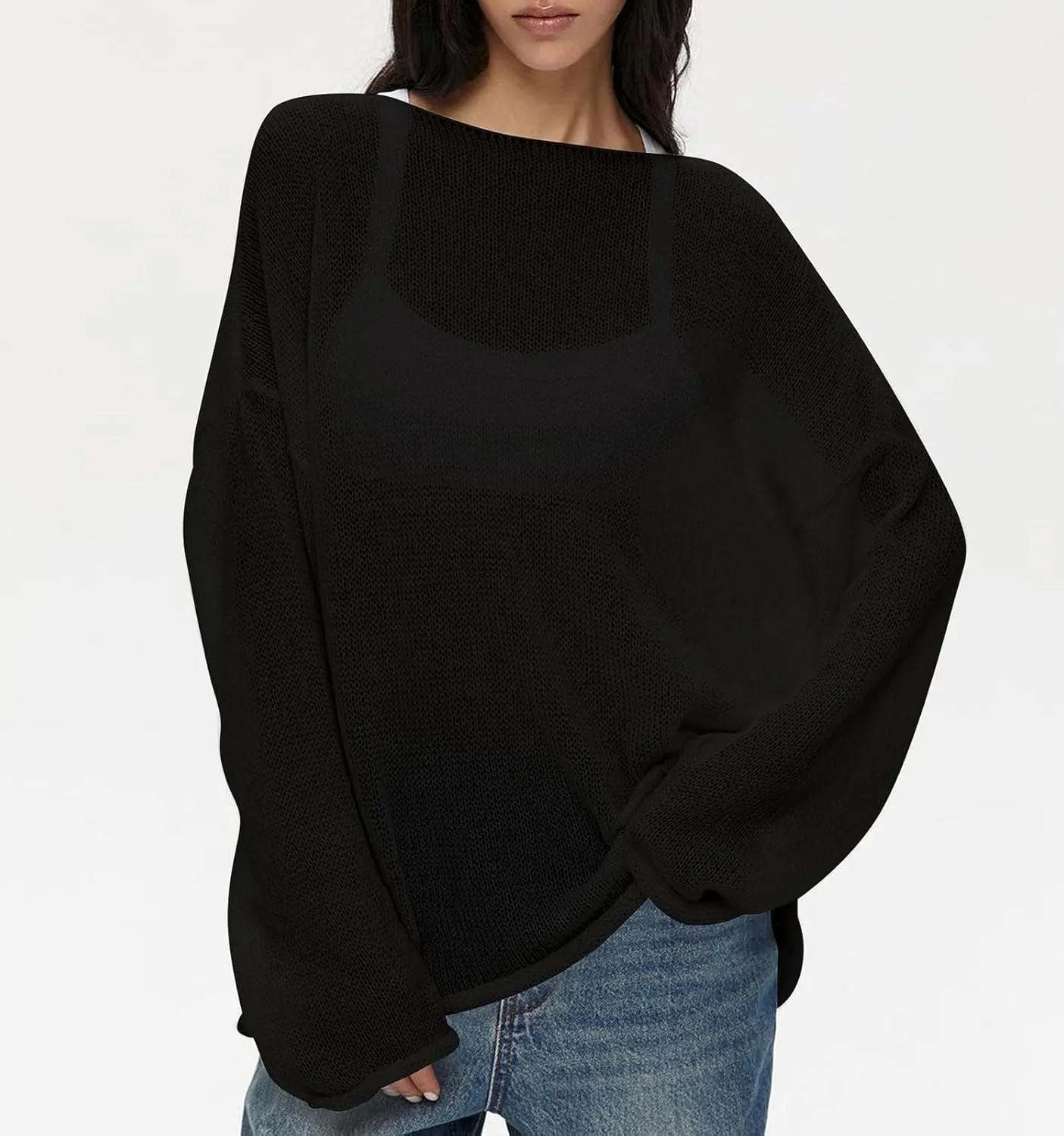 Cioatin Women Oversized Long Sleeve Sheer Mesh Knit Sweater Tops Y2K Summer Loose Hollow Out Pullover Jumper Shirt Beach