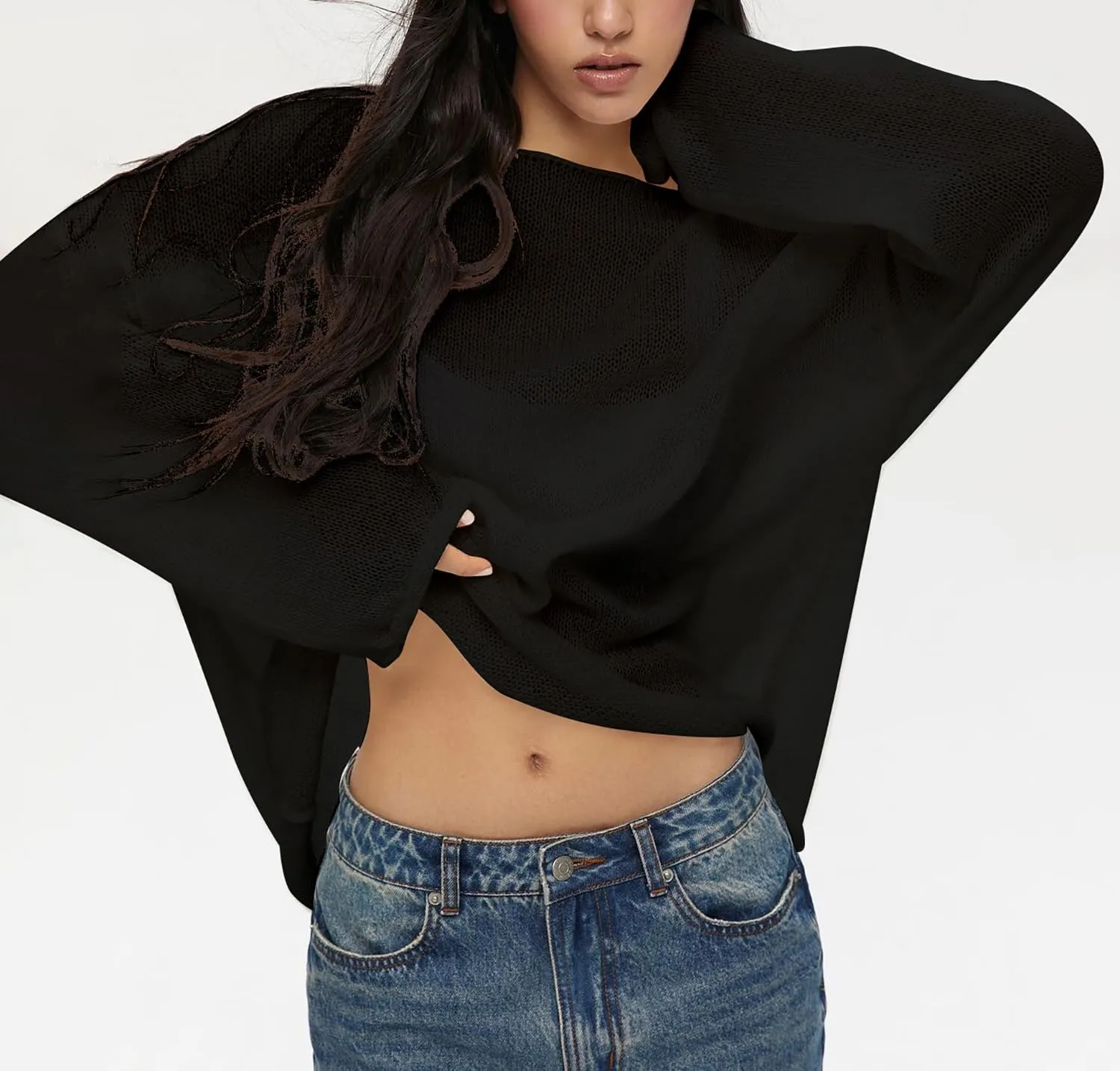 Cioatin Women Oversized Long Sleeve Sheer Mesh Knit Sweater Tops Y2K Summer Loose Hollow Out Pullover Jumper Shirt Beach
