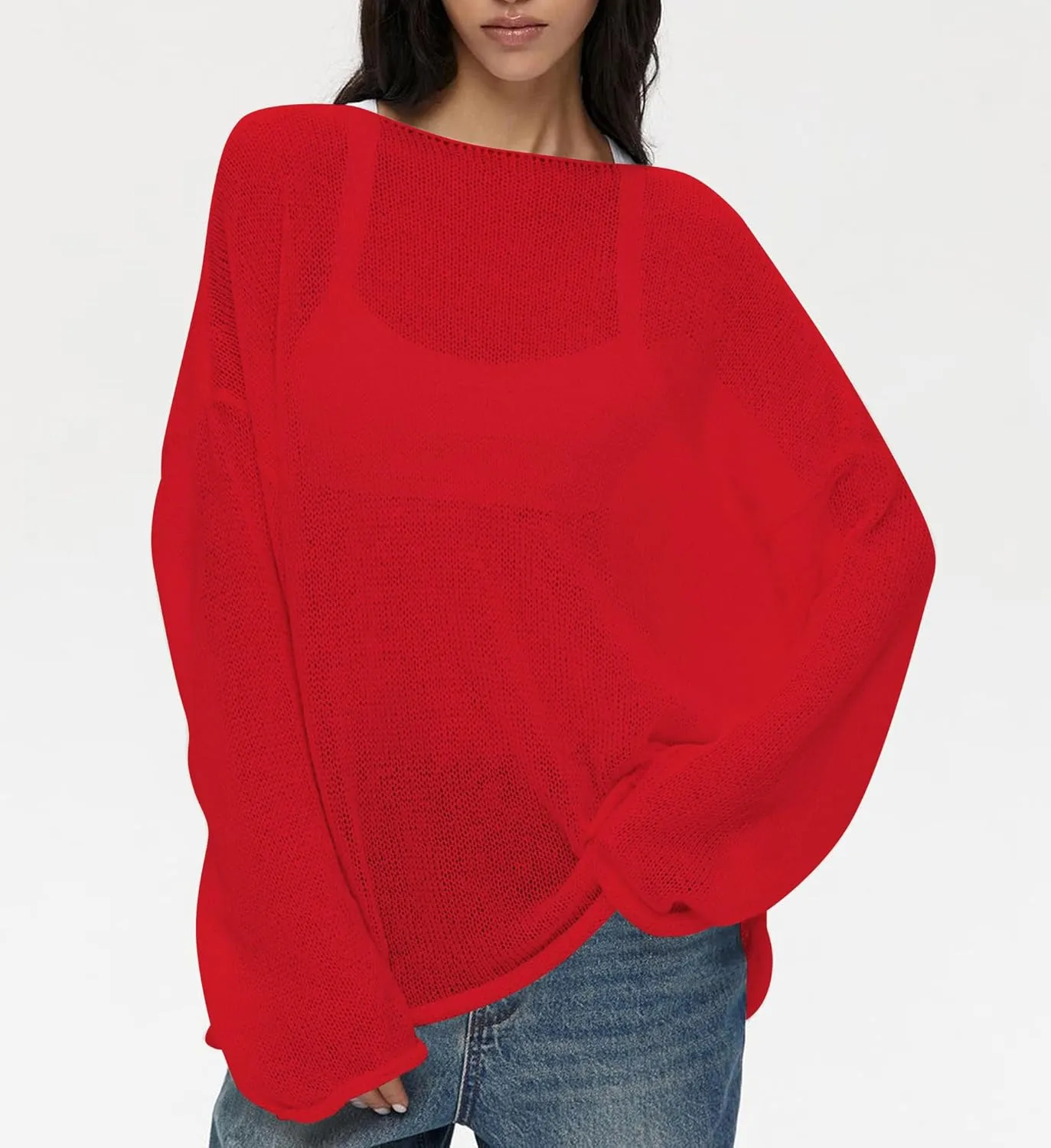 Cioatin Women Oversized Long Sleeve Sheer Mesh Knit Sweater Tops Y2K Summer Loose Hollow Out Pullover Jumper Shirt Beach