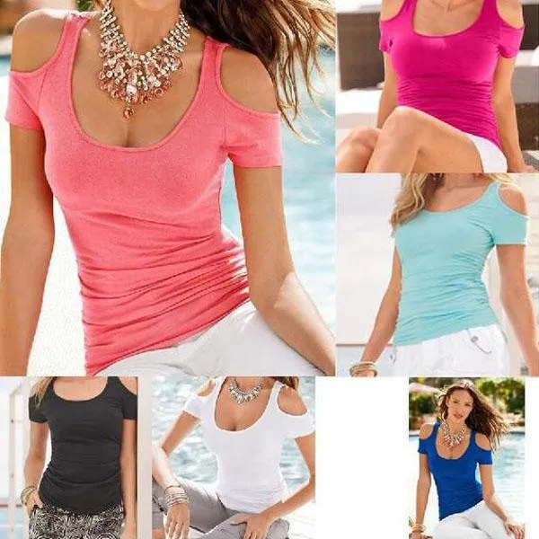 Clearance Scoop Sexy Shoulder Out Short Sleeves Slim Pure Color Blouse