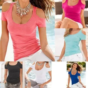 Clearance Scoop Sexy Shoulder Out Short Sleeves Slim Pure Color Blouse