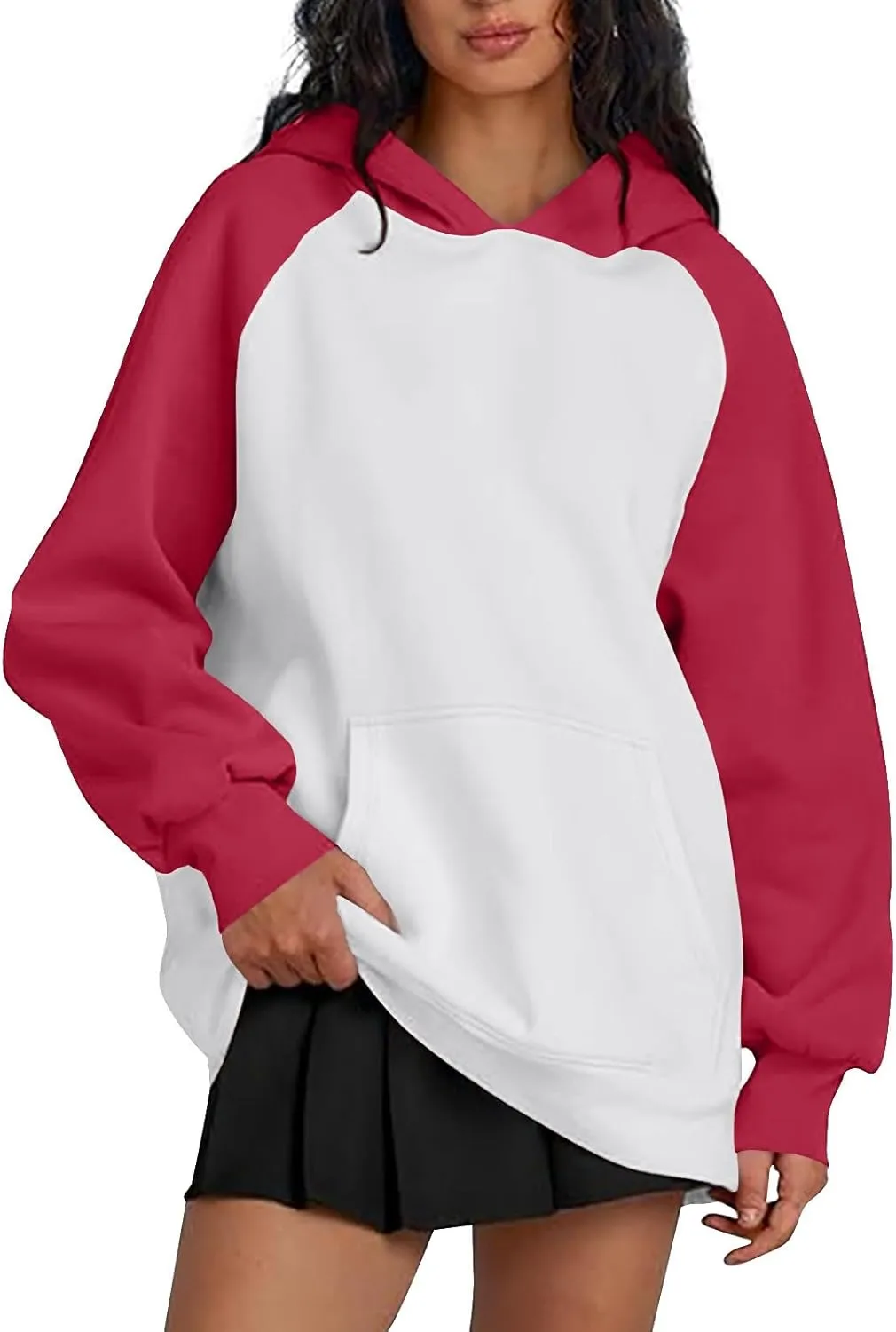 Color Block Hoodies for Women Trendy Oversized Raglan Sweatshirts Lightweight Fleece Cute Hoodies with Pockets