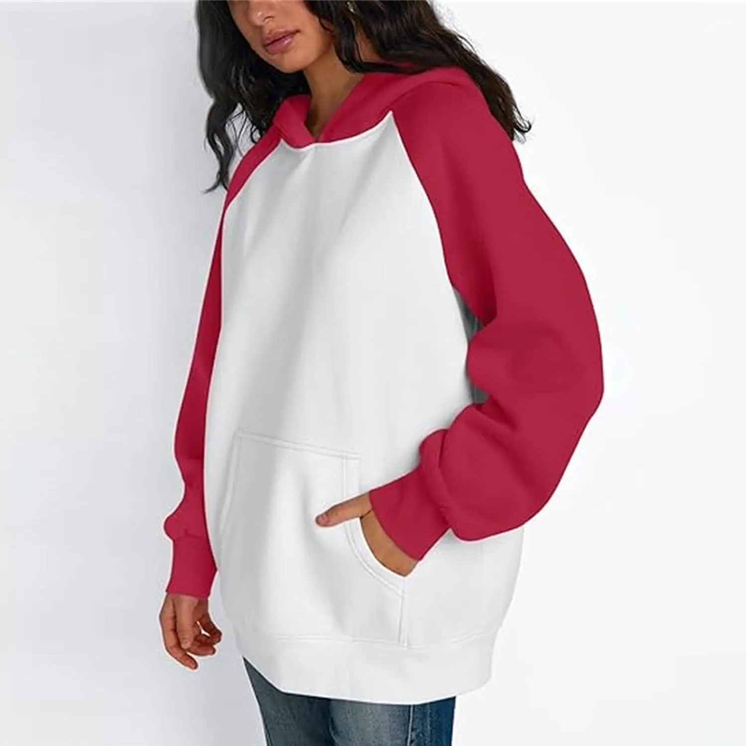 Color Block Hoodies for Women Trendy Oversized Raglan Sweatshirts Lightweight Fleece Cute Hoodies with Pockets
