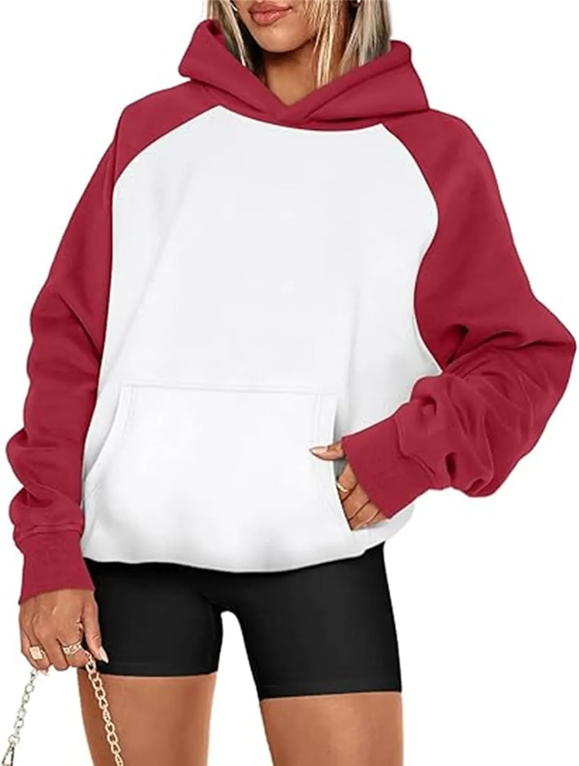 Color Block Hoodies for Women Trendy Oversized Raglan Sweatshirts Lightweight Fleece Cute Hoodies with Pockets
