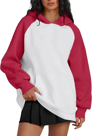 Color Block Hoodies for Women Trendy Oversized Raglan Sweatshirts Lightweight Fleece Cute Hoodies with Pockets