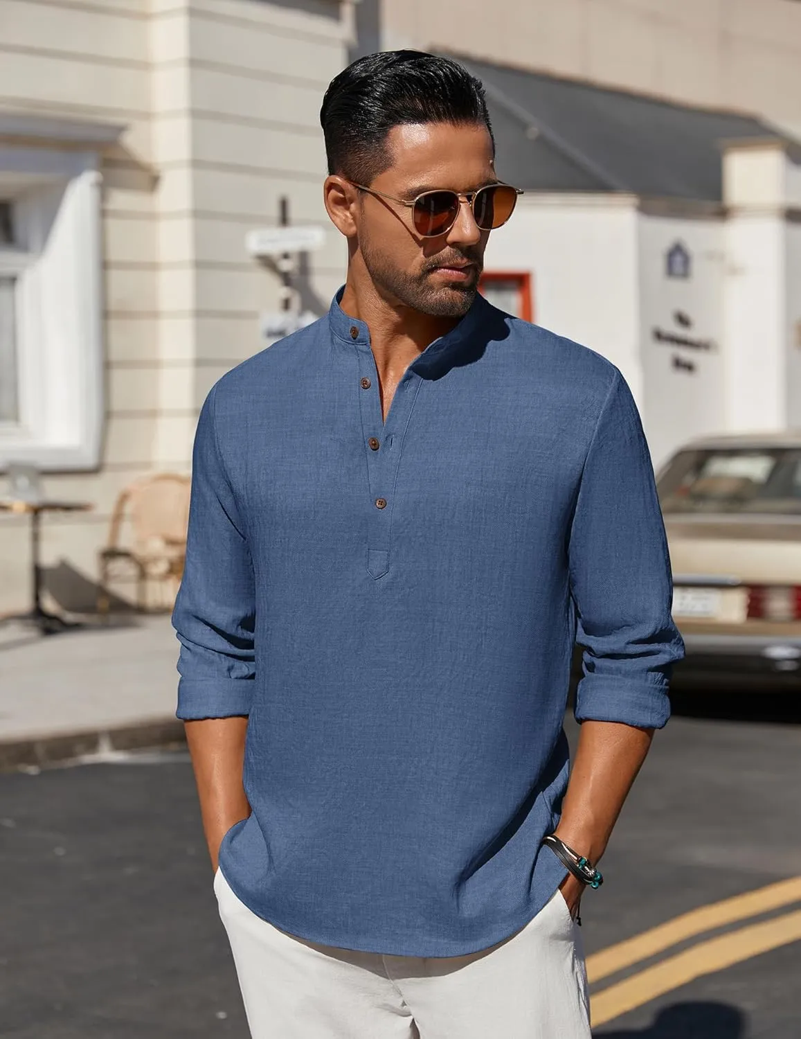 COOFANDY Men's Casual Henley Shirt Long Sleeve Band Collar Shirts Summer Beach Hippie Button T-Shirts