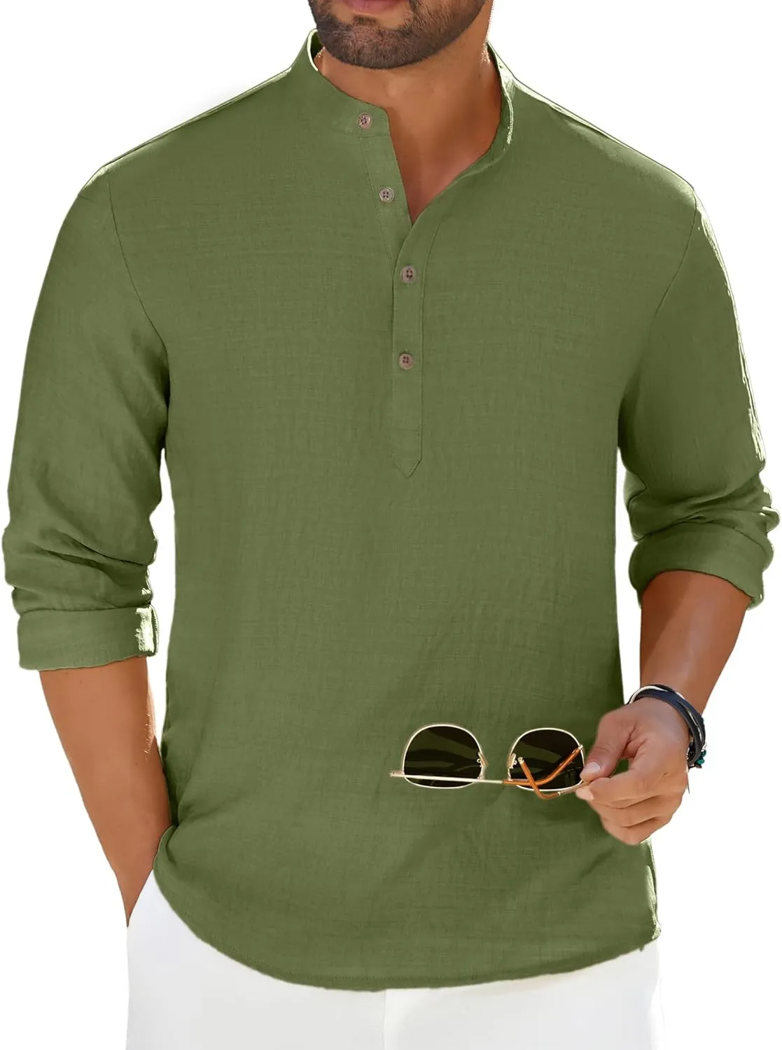 COOFANDY Men's Casual Henley Shirt Long Sleeve Band Collar Shirts Summer Beach Hippie Button T-Shirts