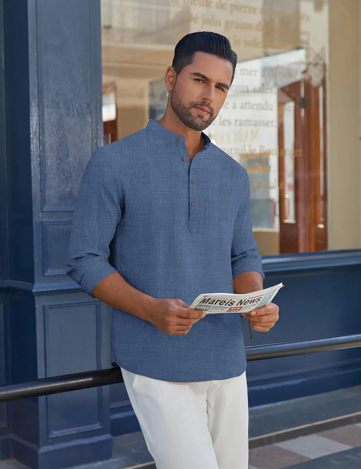COOFANDY Men's Casual Henley Shirt Long Sleeve Band Collar Shirts Summer Beach Hippie Button T-Shirts