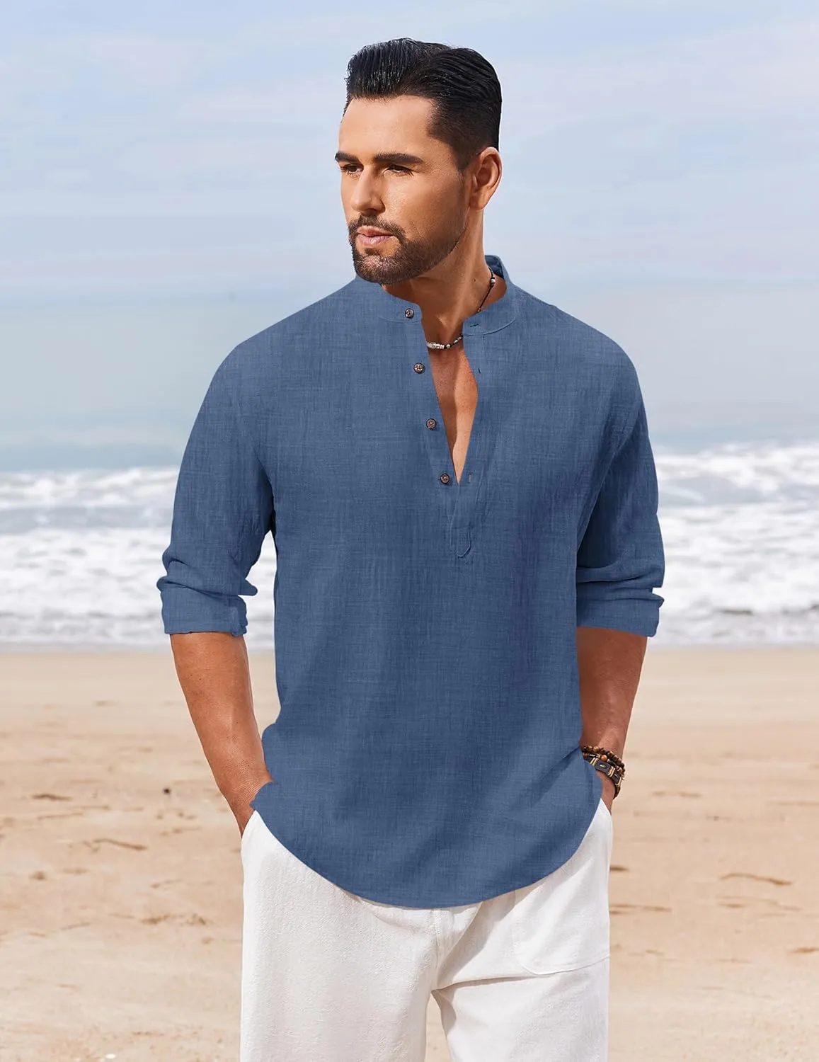 COOFANDY Men's Casual Henley Shirt Long Sleeve Band Collar Shirts Summer Beach Hippie Button T-Shirts