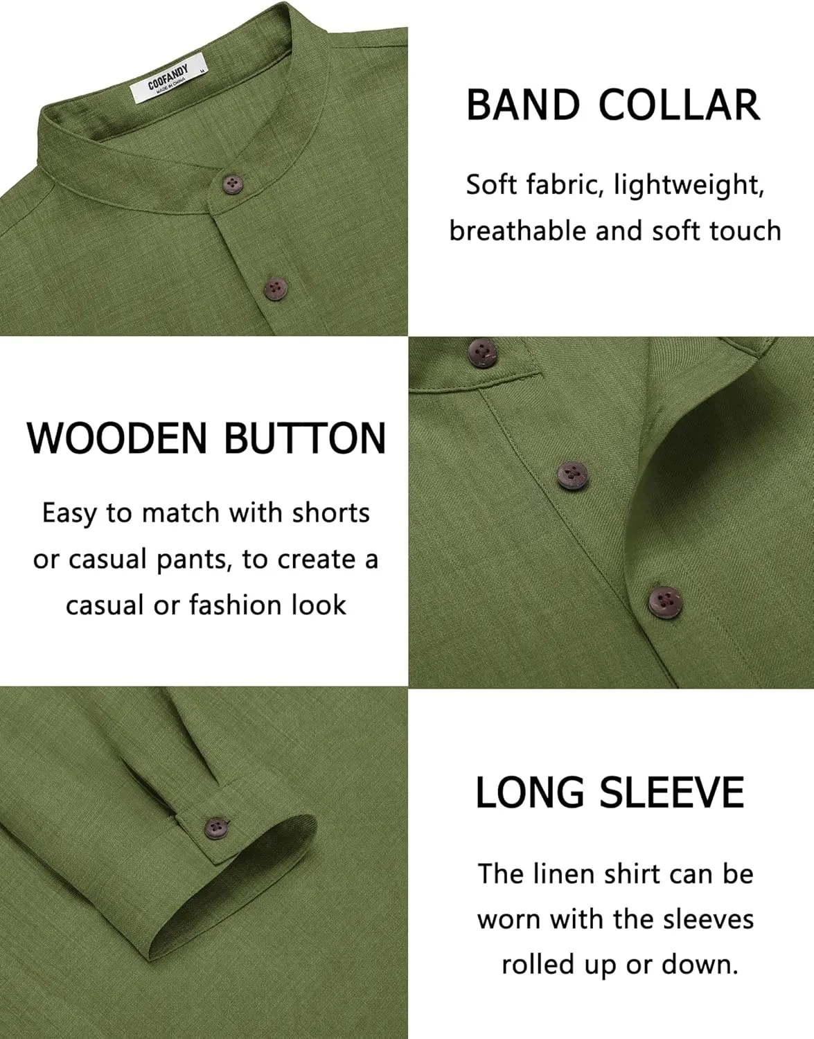COOFANDY Men's Casual Henley Shirt Long Sleeve Band Collar Shirts Summer Beach Hippie Button T-Shirts