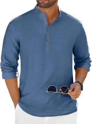 COOFANDY Men's Casual Henley Shirt Long Sleeve Band Collar Shirts Summer Beach Hippie Button T-Shirts