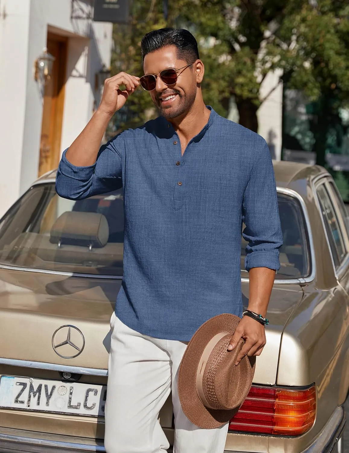 COOFANDY Men's Casual Henley Shirt Long Sleeve Band Collar Shirts Summer Beach Hippie Button T-Shirts