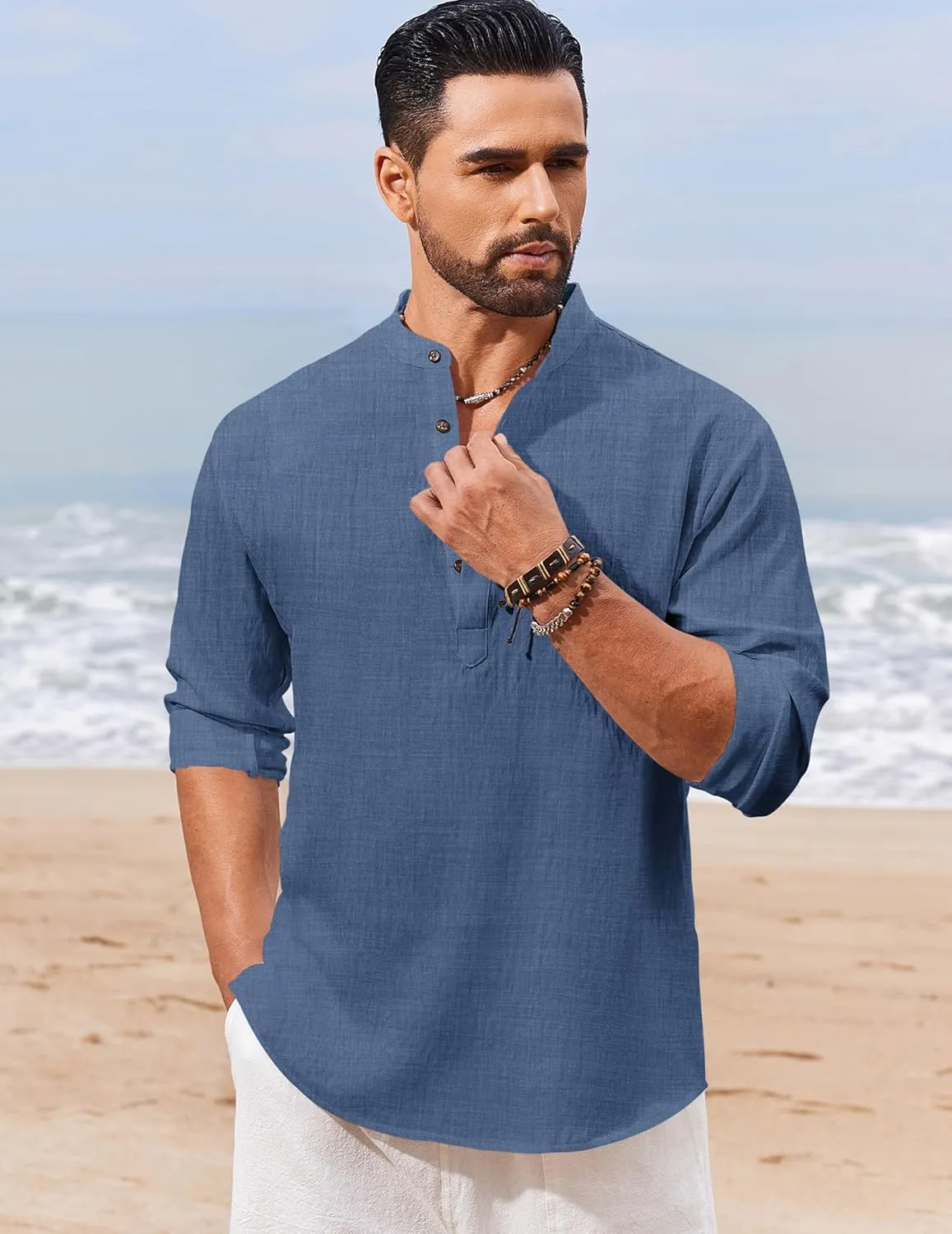 COOFANDY Men's Casual Henley Shirt Long Sleeve Band Collar Shirts Summer Beach Hippie Button T-Shirts