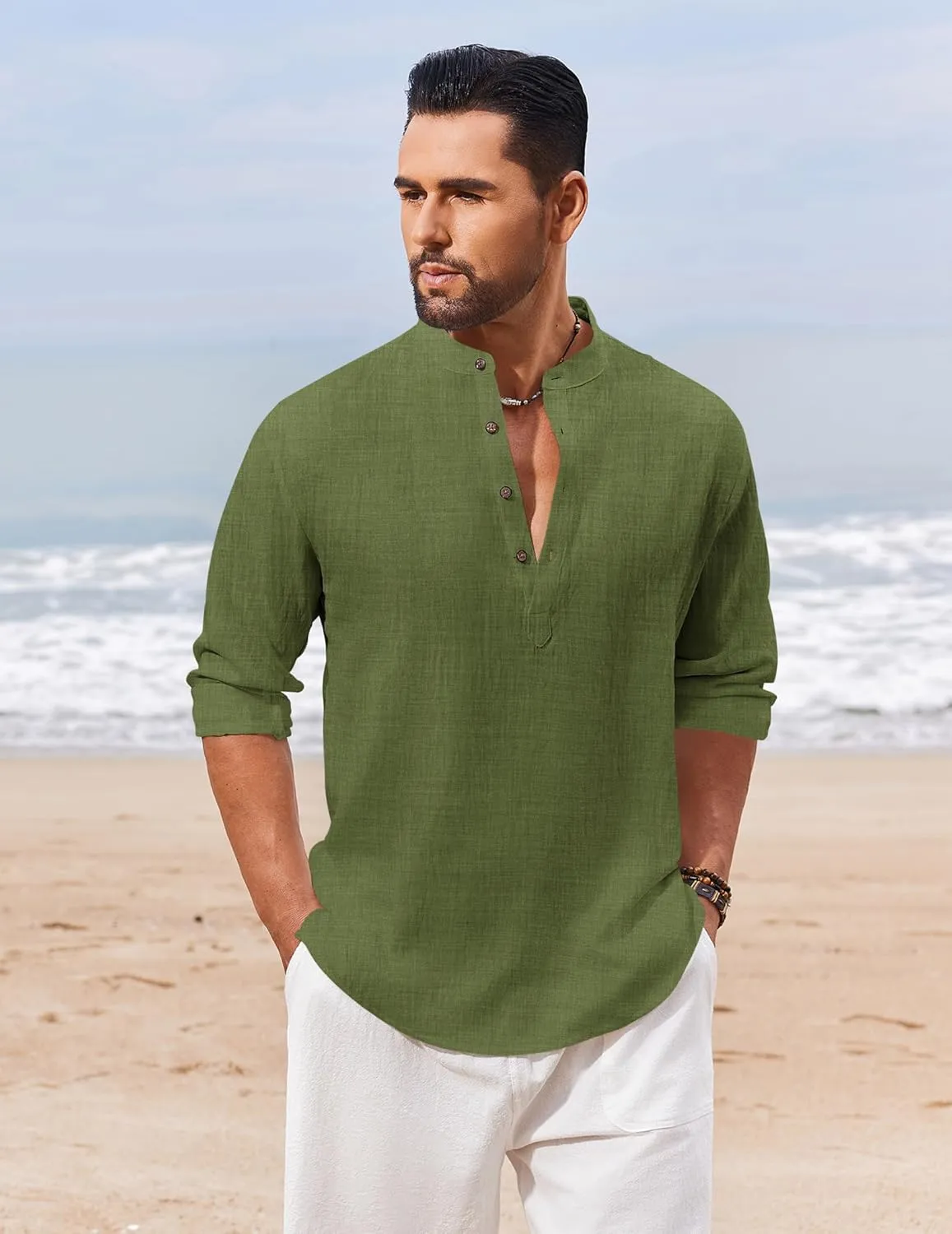 COOFANDY Men's Casual Henley Shirt Long Sleeve Band Collar Shirts Summer Beach Hippie Button T-Shirts
