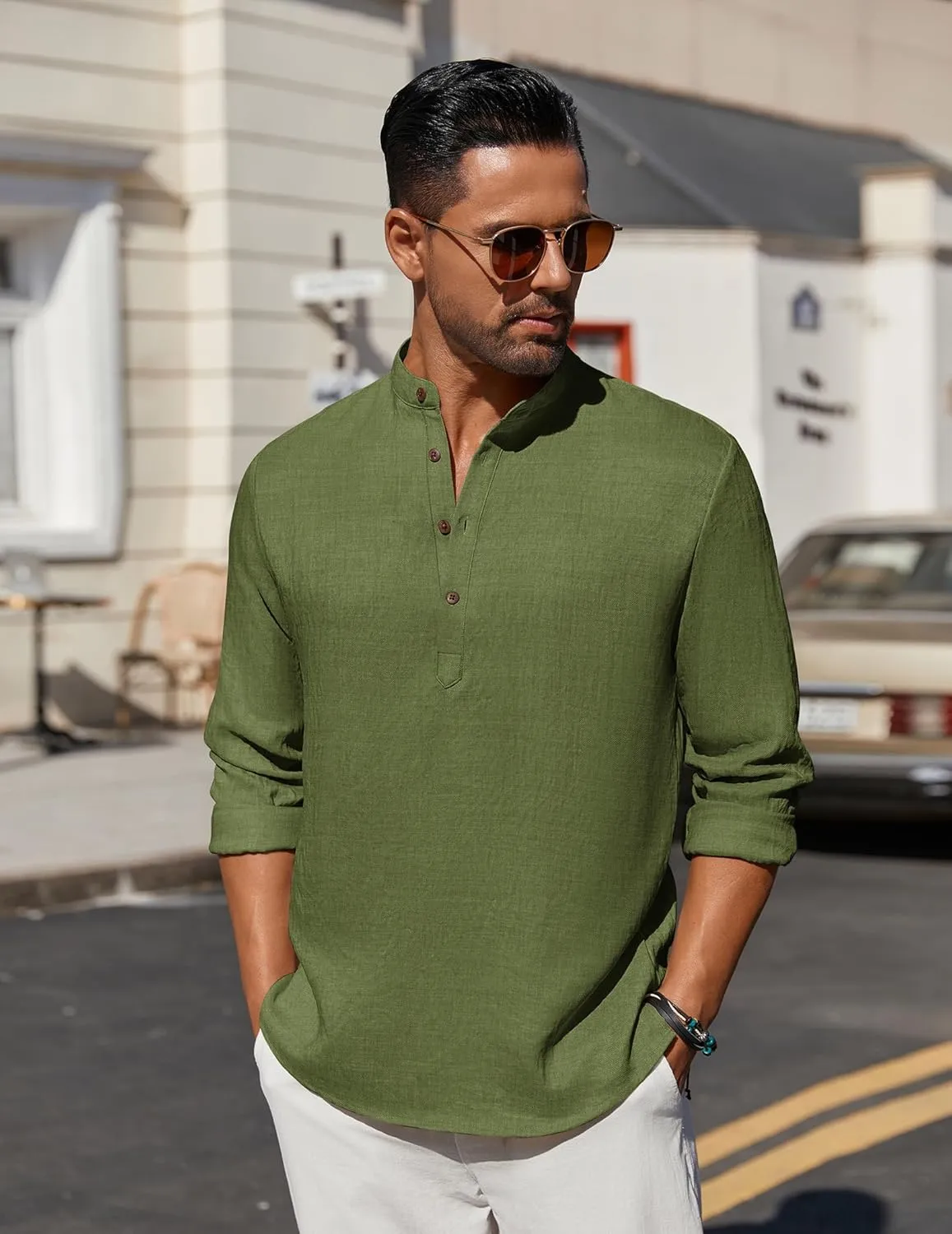 COOFANDY Men's Casual Henley Shirt Long Sleeve Band Collar Shirts Summer Beach Hippie Button T-Shirts