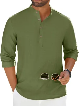 COOFANDY Men's Casual Henley Shirt Long Sleeve Band Collar Shirts Summer Beach Hippie Button T-Shirts