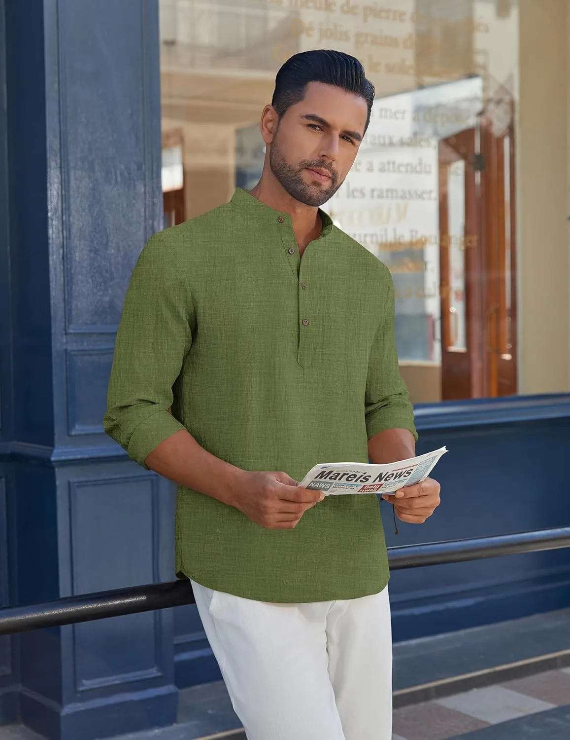 COOFANDY Men's Casual Henley Shirt Long Sleeve Band Collar Shirts Summer Beach Hippie Button T-Shirts
