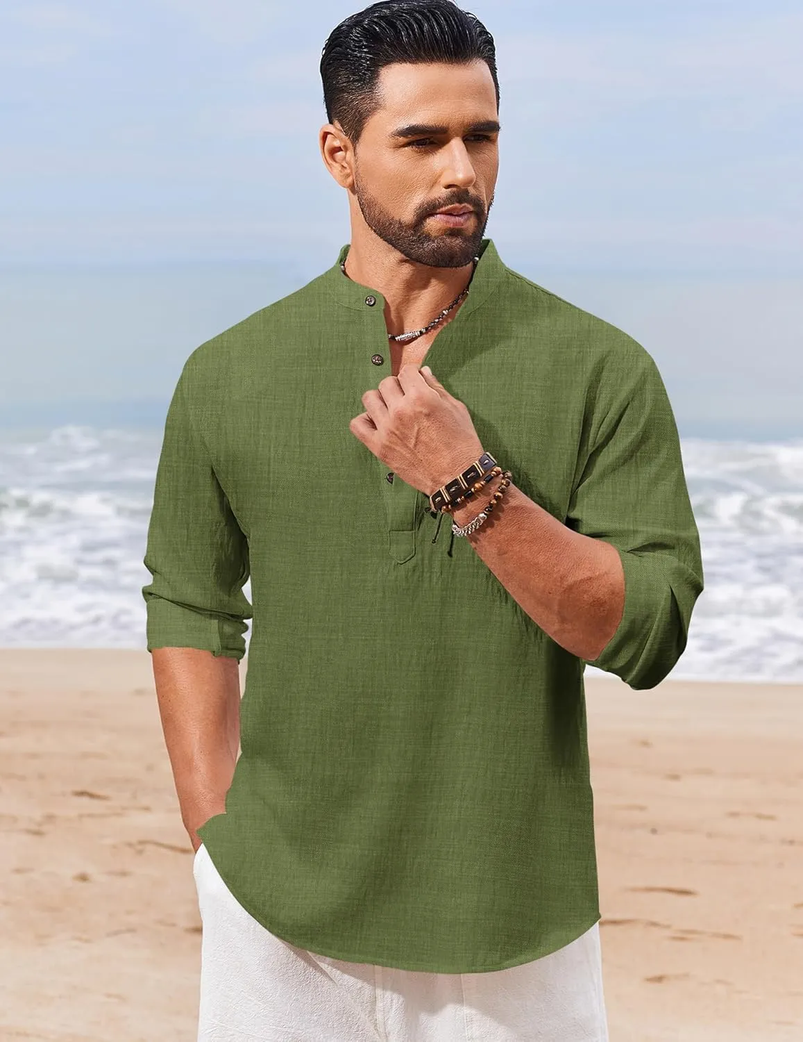 COOFANDY Men's Casual Henley Shirt Long Sleeve Band Collar Shirts Summer Beach Hippie Button T-Shirts