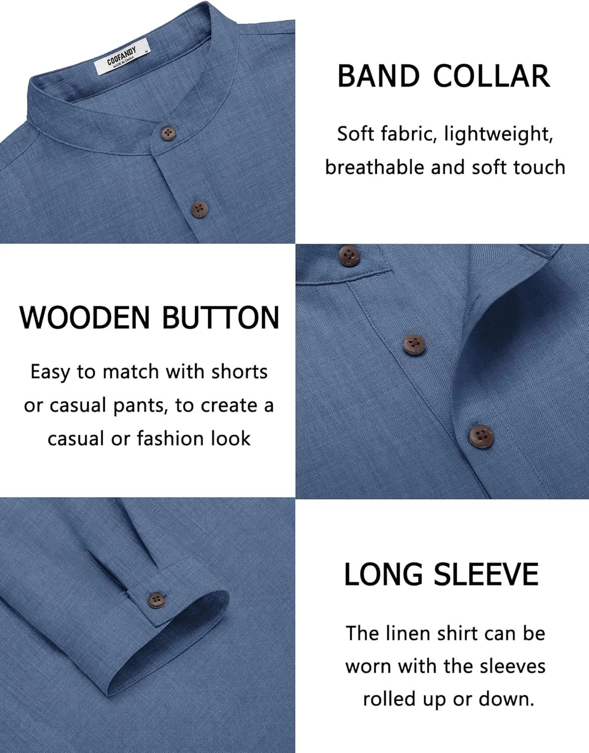 COOFANDY Men's Casual Henley Shirt Long Sleeve Band Collar Shirts Summer Beach Hippie Button T-Shirts