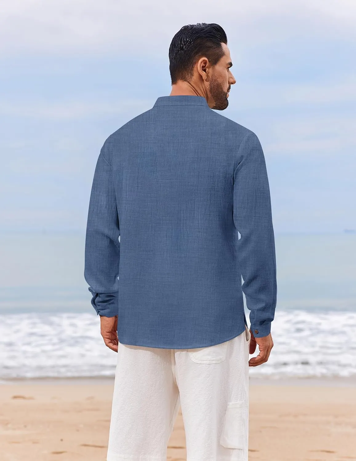 COOFANDY Men's Casual Henley Shirt Long Sleeve Band Collar Shirts Summer Beach Hippie Button T-Shirts