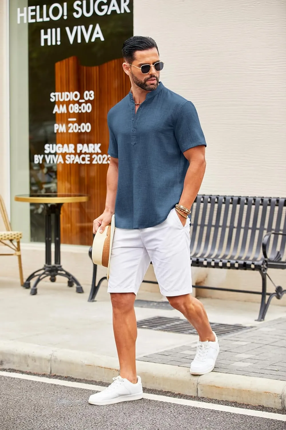 COOFANDY Men's Casual Henley Shirt Short Sleeve Summer Shirts Linen Band Collar Summer Beach Hippie T-Shirts
