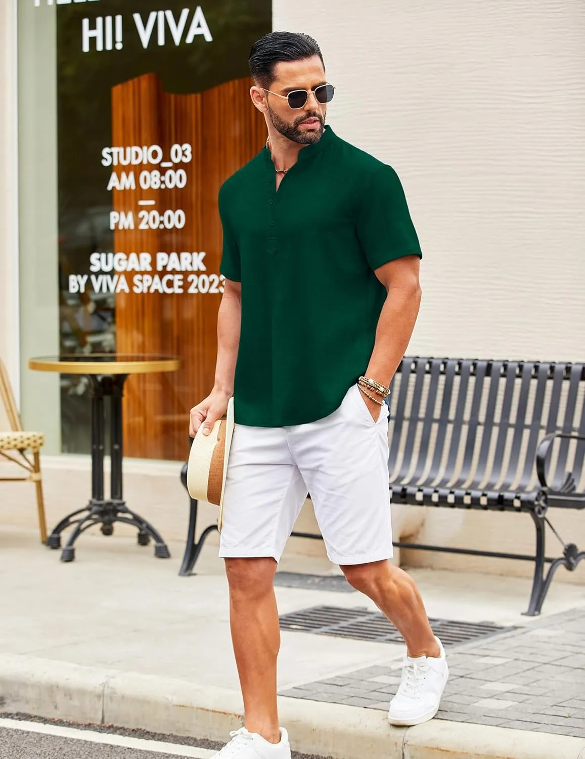 COOFANDY Men's Casual Henley Shirt Short Sleeve Summer Shirts Linen Band Collar Summer Beach Hippie T-Shirts